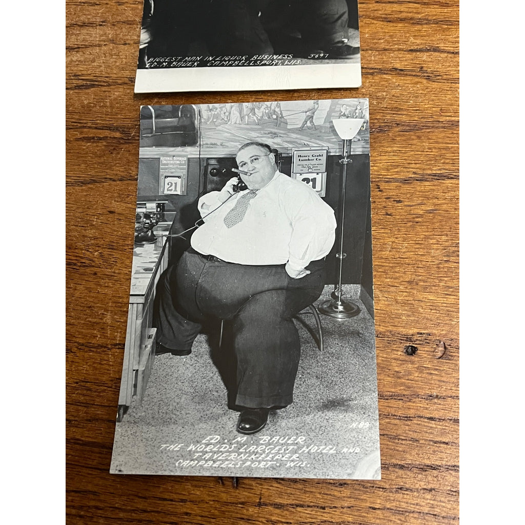 RPPC World's Largest Tavern Keeper Ed Bauer ~700 lbs Campbellsport WI Lot (2)
