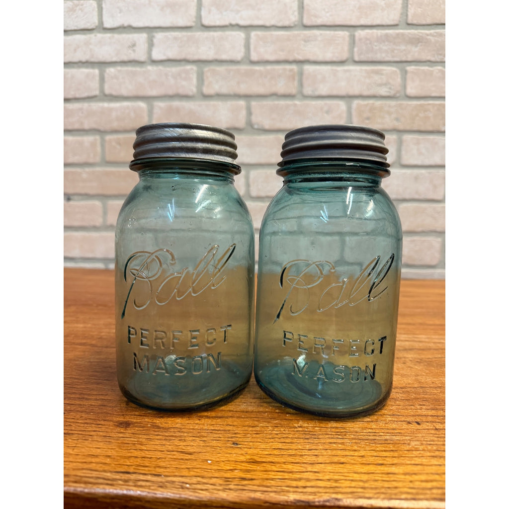Antique 1920s Ball Perfect Mason Aqua Blue Canning Fruit Jars Pair #4 & #5