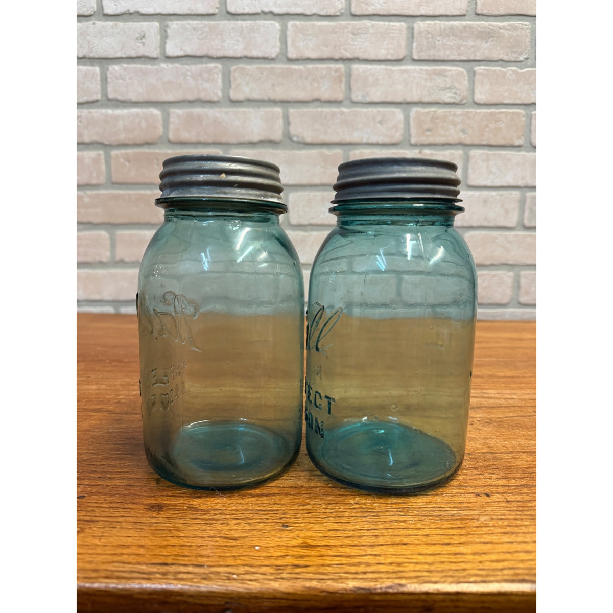 Antique 1920s Ball Perfect Mason Aqua Blue Canning Fruit Jars Pair #4 & #5