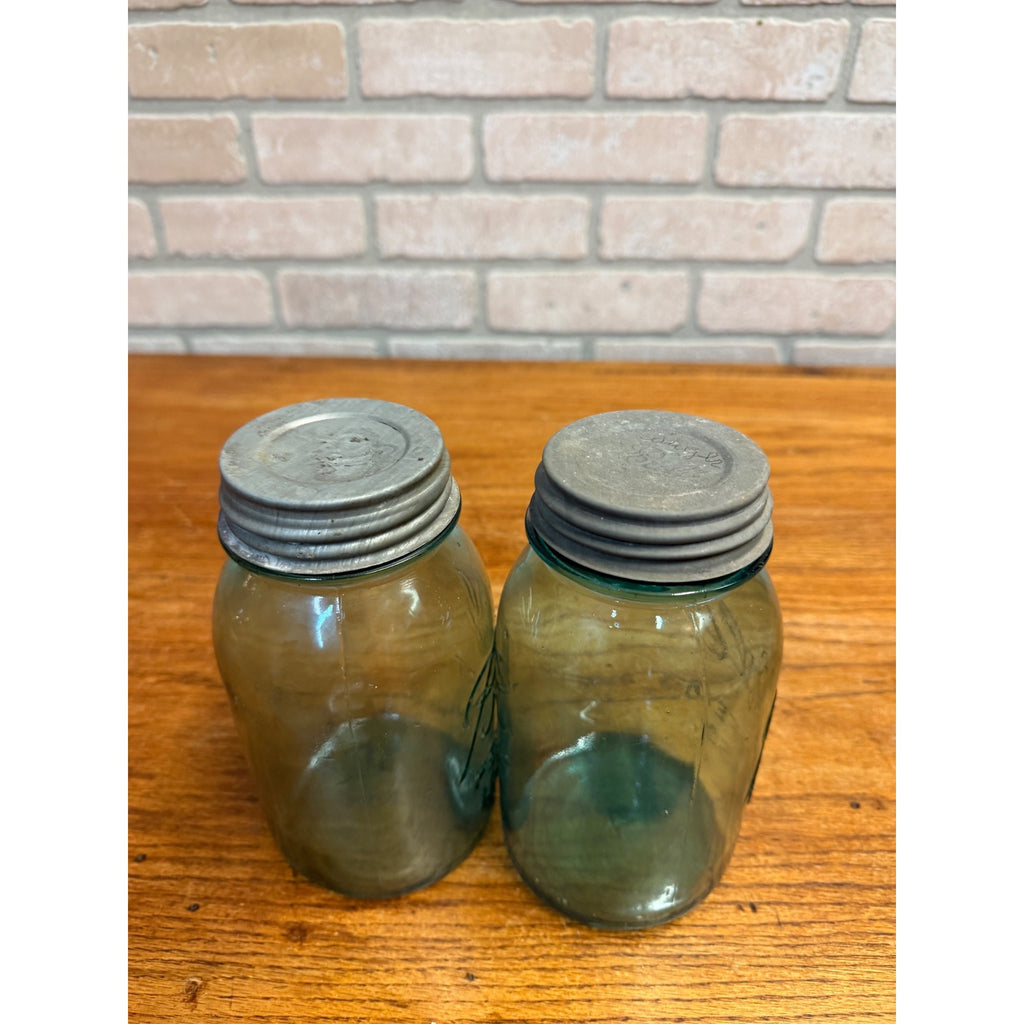 Antique 1920s Ball Perfect Mason Aqua Blue Canning Fruit Jars Pair #4 & #5