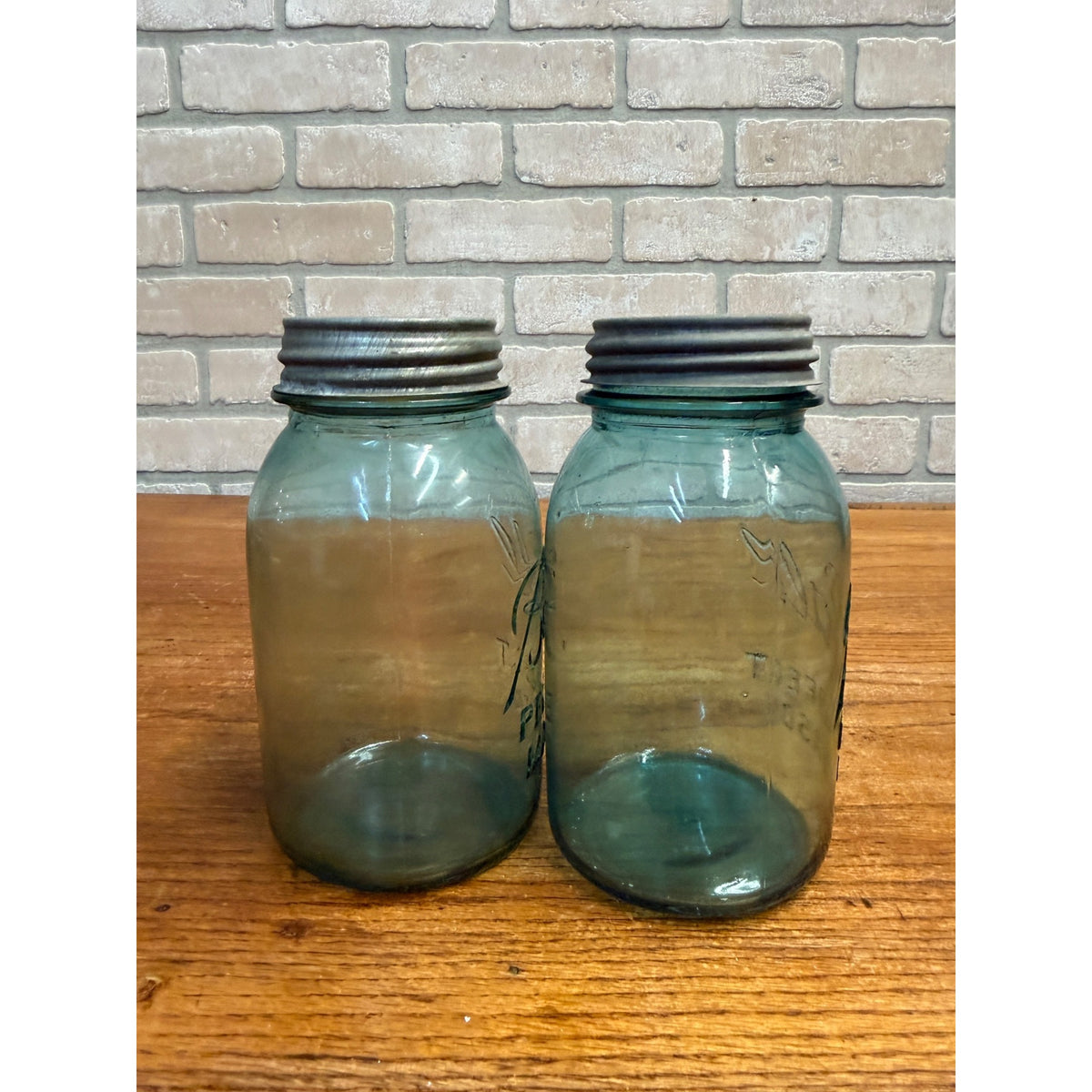 Antique 1920s Ball Perfect Mason Aqua Blue Canning Fruit Jars Pair #4 & #5