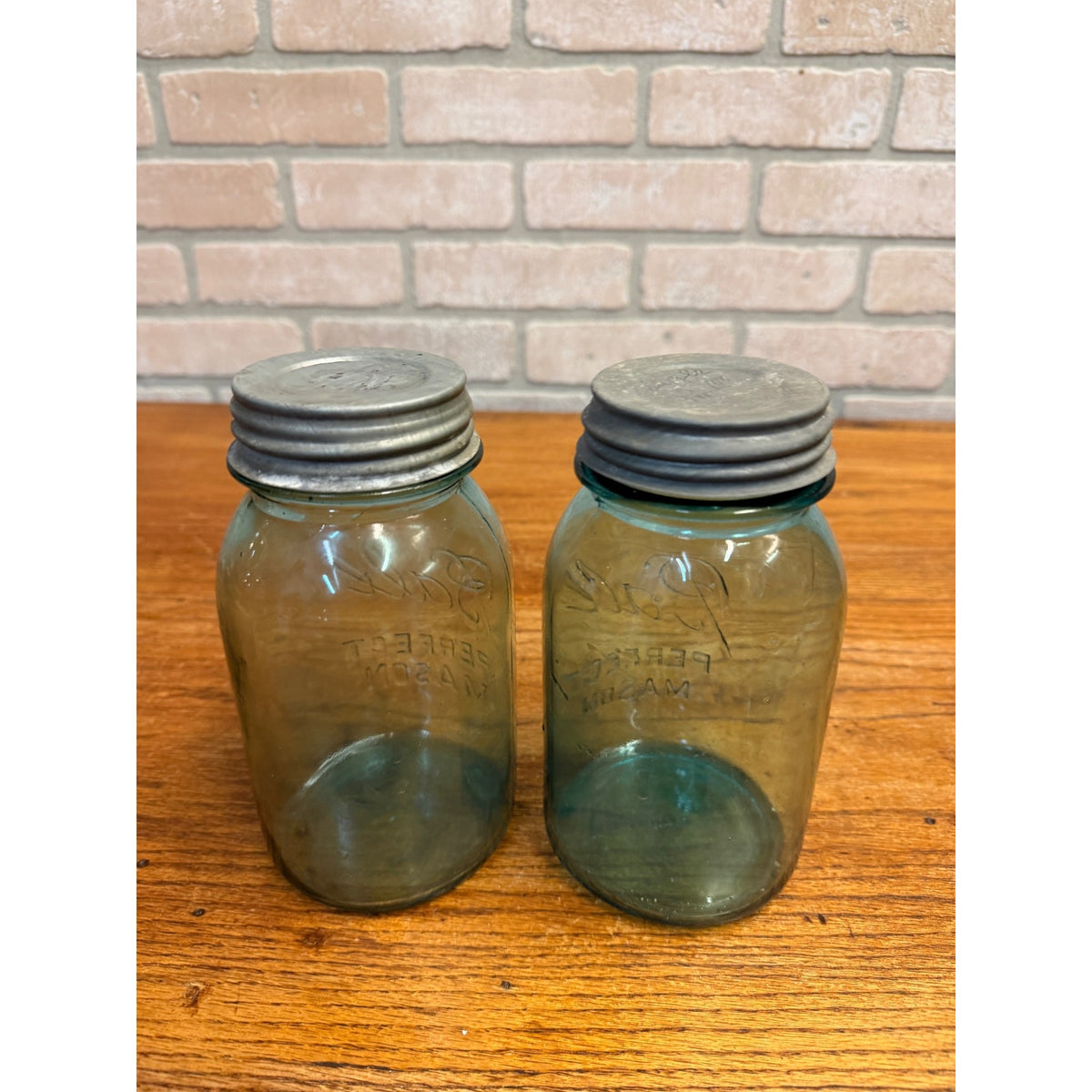 Antique 1920s Ball Perfect Mason Aqua Blue Canning Fruit Jars Pair #4 & #5