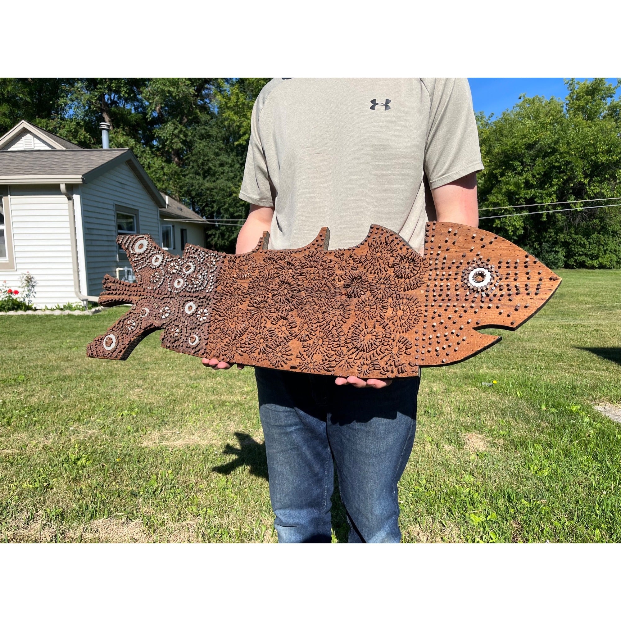 Vintage Folk Art Wooden Fish Wall Hanging With Nail Art Maritime Tramp Art Decor