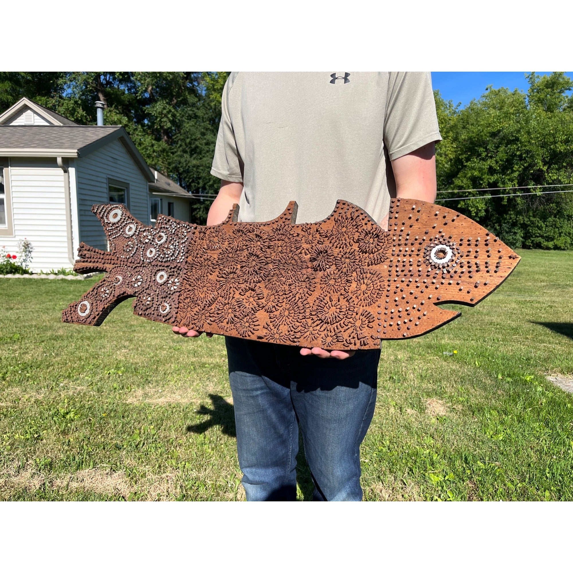 Vintage Folk Art Wooden Fish Wall Hanging With Nail Art Maritime Tramp Art Decor