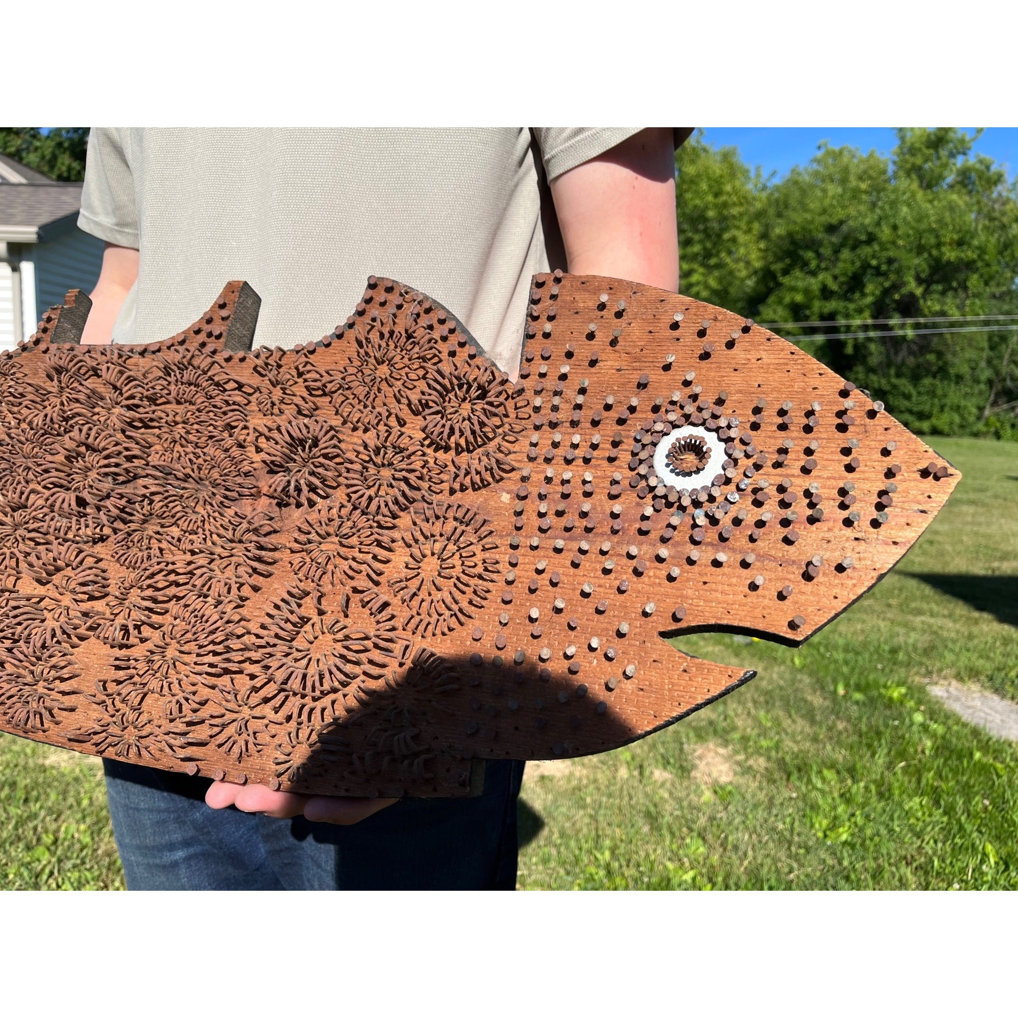 Vintage Folk Art Wooden Fish Wall Hanging With Nail Art Maritime Tramp Art Decor