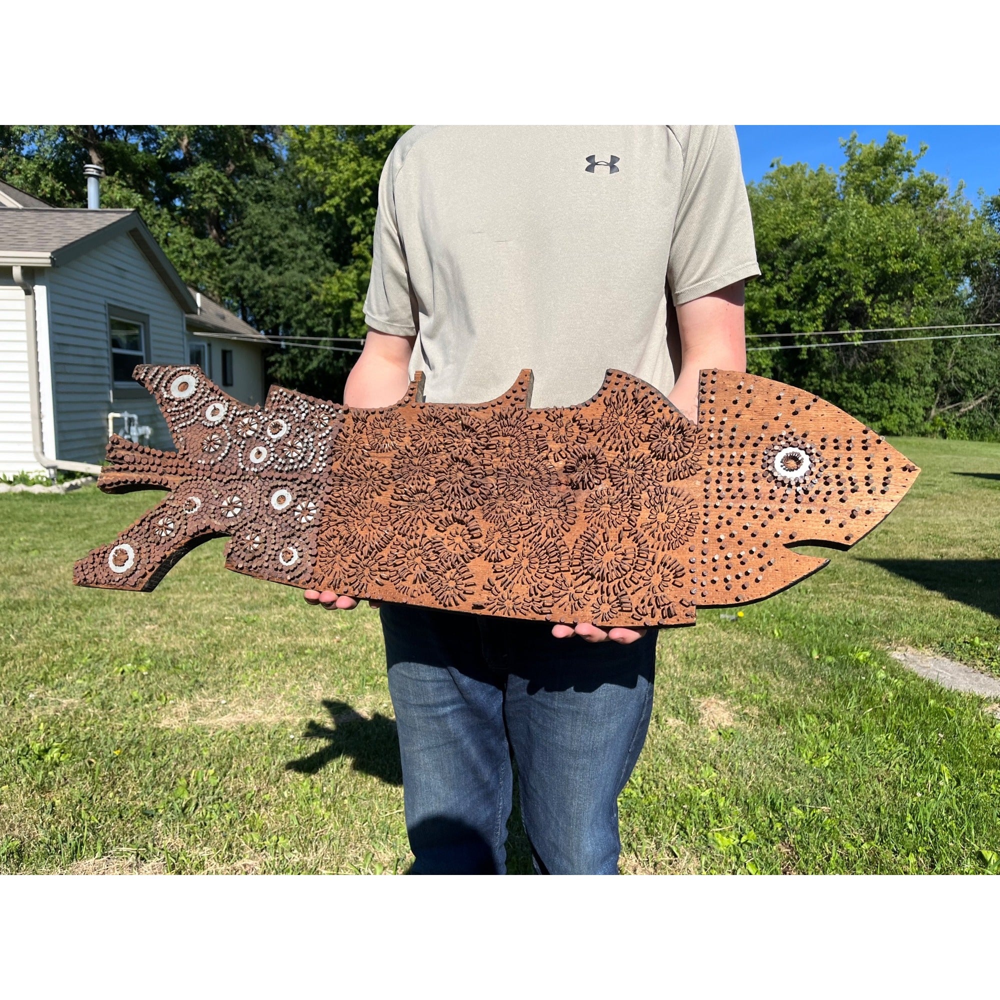 Vintage Folk Art Wooden Fish Wall Hanging With Nail Art Maritime Tramp Art Decor