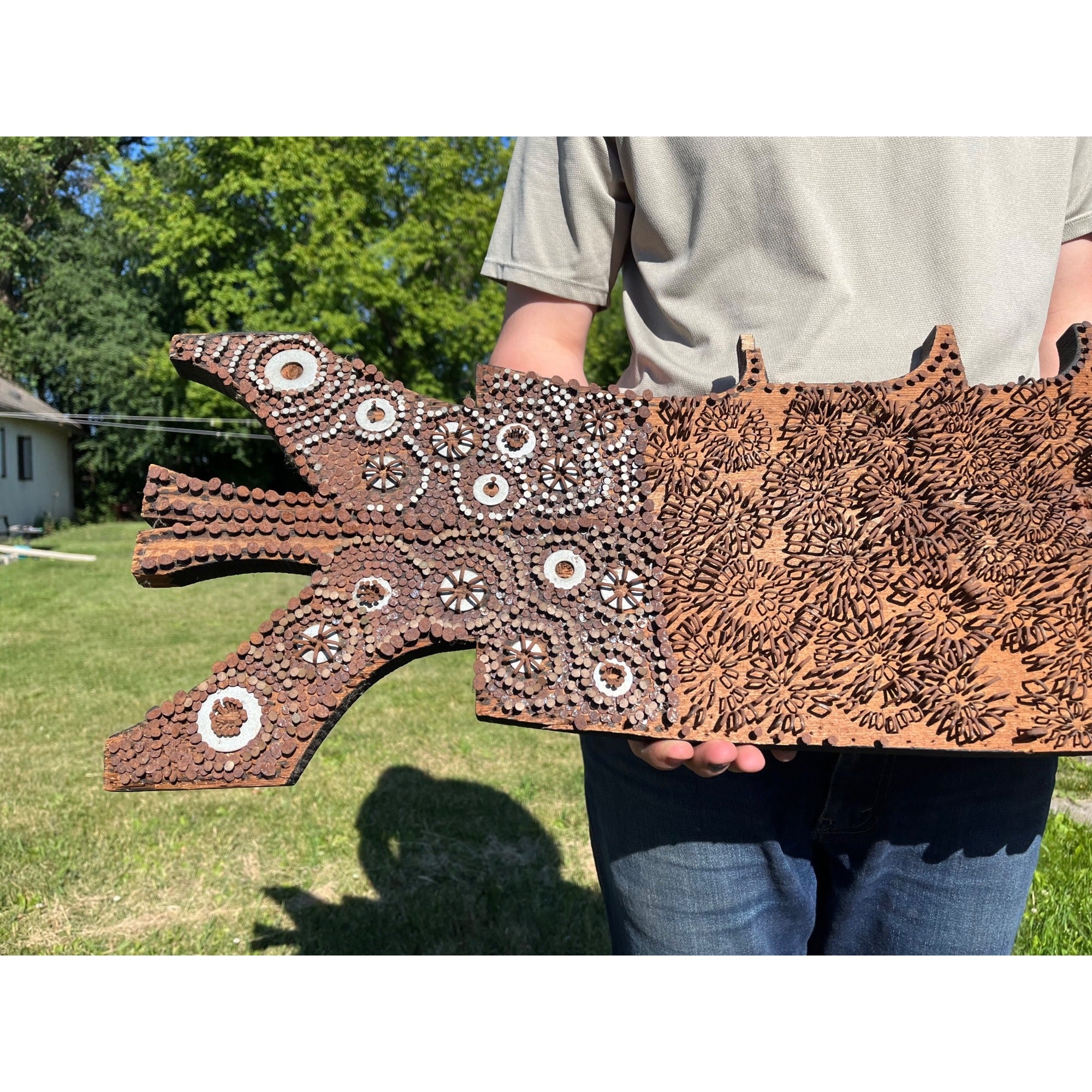 Vintage Folk Art Wooden Fish Wall Hanging With Nail Art Maritime Tramp Art Decor