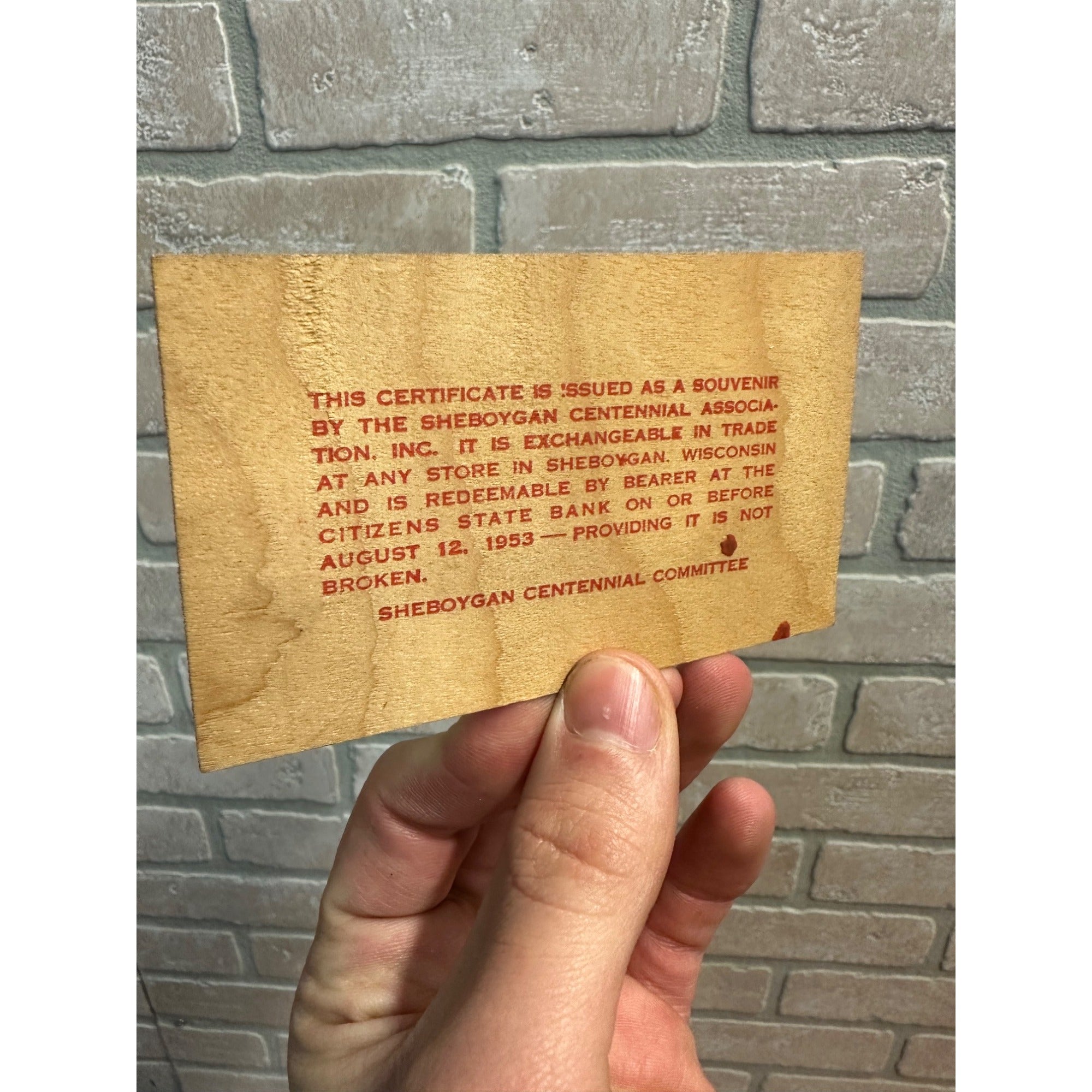 Vintage Sheboygan Wisconsin Centennial Celebration Wooden Nickel 1853-1953