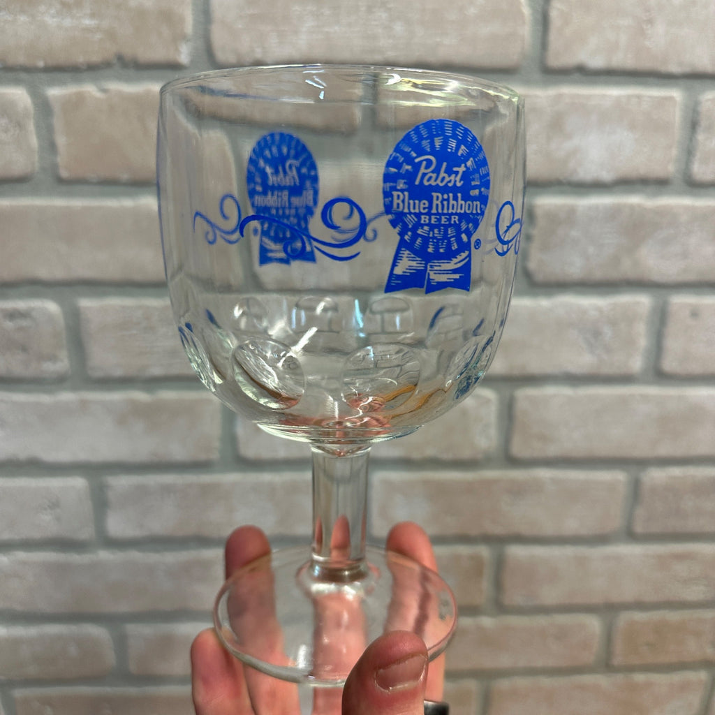 Vintage Pabst Blue Ribbon Blue ACL Beer Goblet Glass Stemmed
