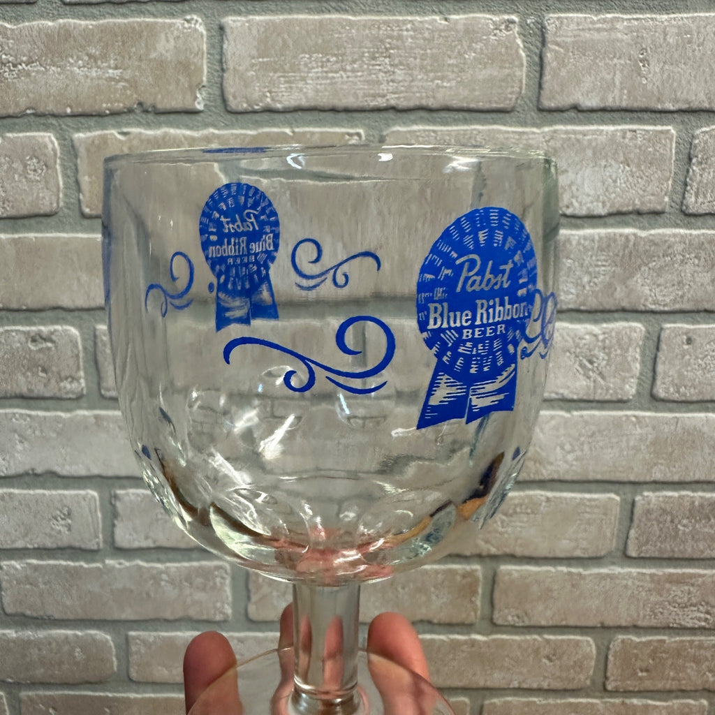Vintage Pabst Blue Ribbon Blue ACL Beer Goblet Glass Stemmed