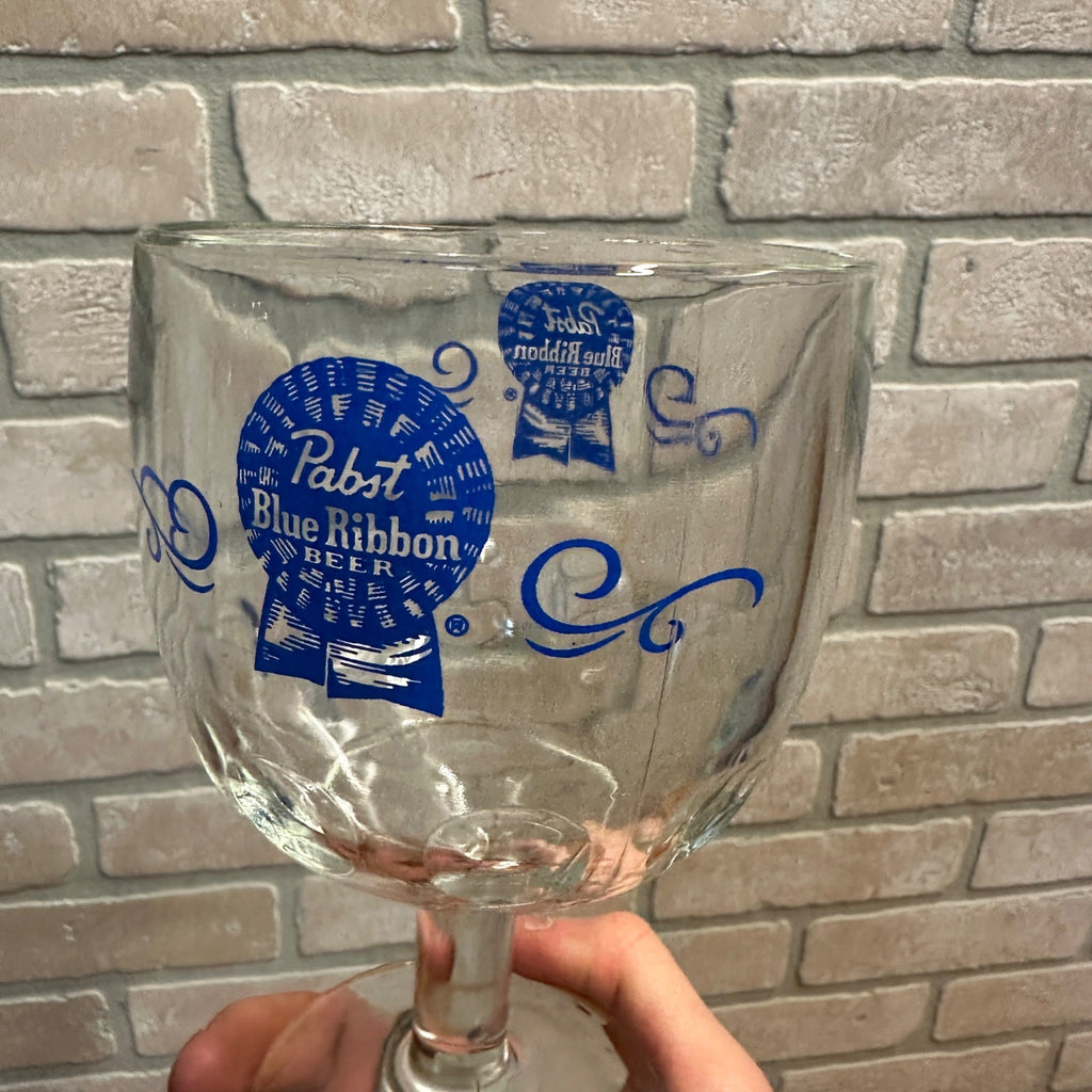 Vintage Pabst Blue Ribbon Blue ACL Beer Goblet Glass Stemmed