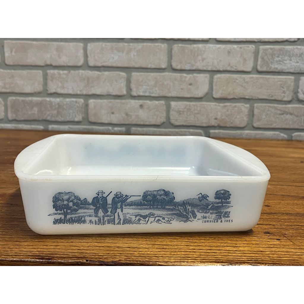Vintage Currier & Ives Square Baking Dish Rural Hunting Scene Glasbake USA Milk Glass Ovenware Casserole