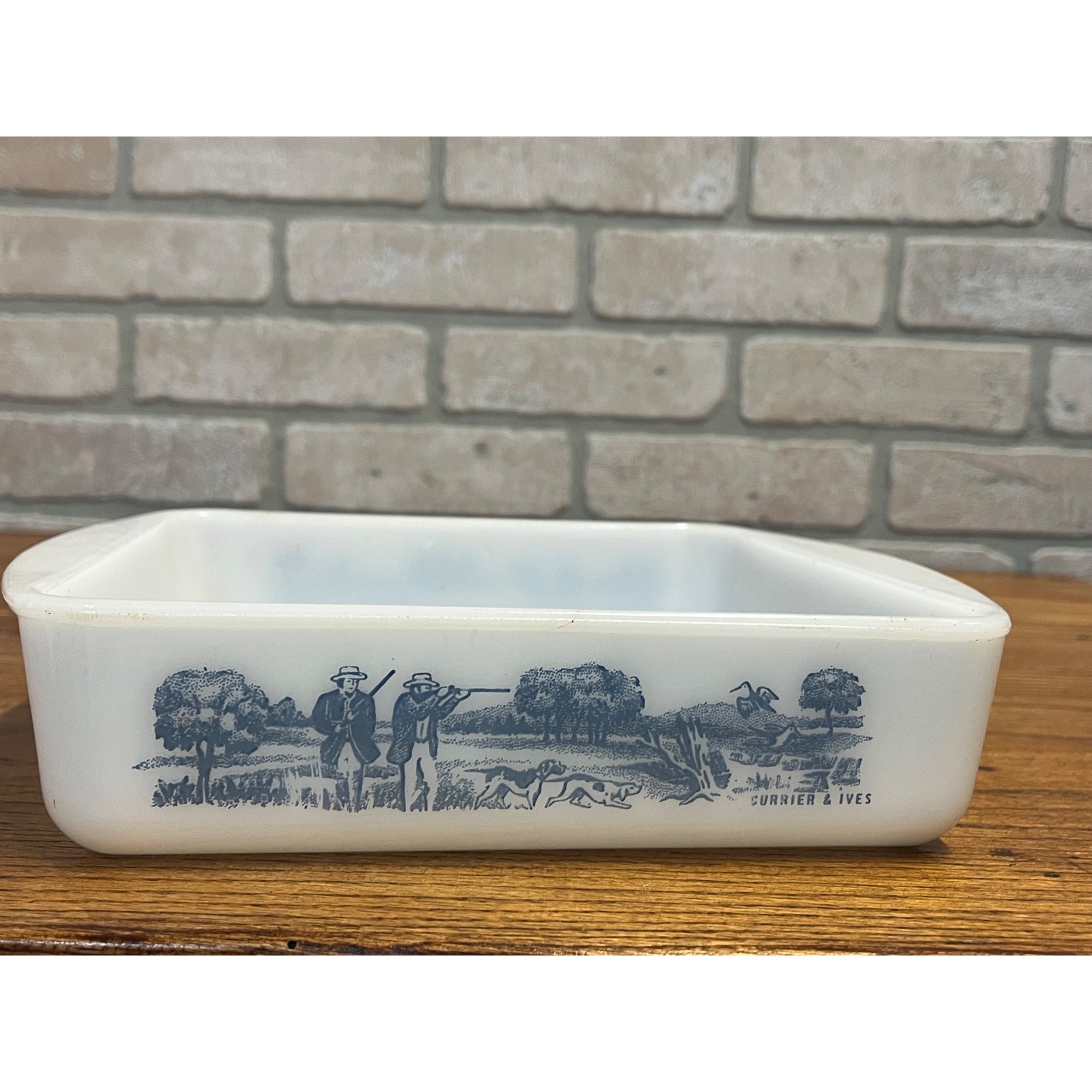 Vintage Currier & Ives Square Baking Dish Rural Hunting Scene Glasbake USA Milk Glass Ovenware Casserole