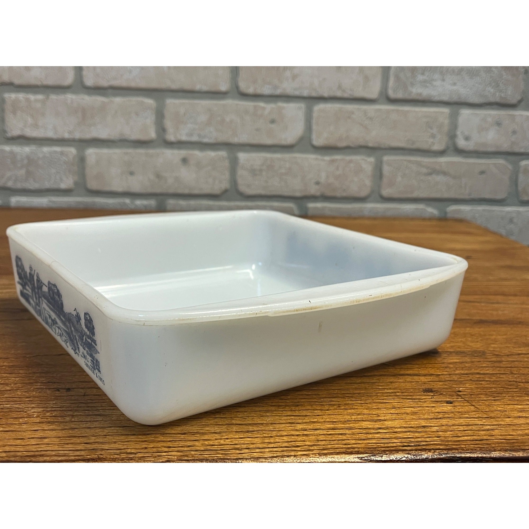 Vintage Currier & Ives Square Baking Dish Rural Hunting Scene Glasbake USA Milk Glass Ovenware Casserole