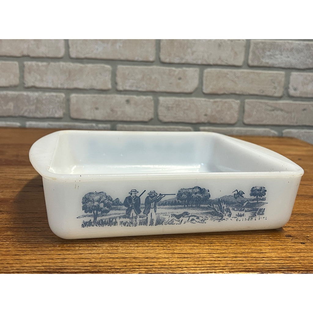 Vintage Currier & Ives Square Baking Dish Rural Hunting Scene Glasbake USA Milk Glass Ovenware Casserole