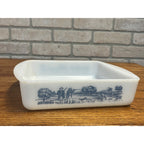 Vintage Currier & Ives Square Baking Dish Rural Hunting Scene Glasbake USA Milk Glass Ovenware Casserole
