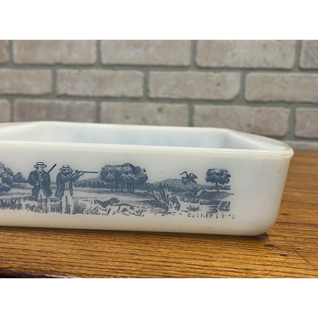 Vintage Currier & Ives Square Baking Dish Rural Hunting Scene Glasbake USA Milk Glass Ovenware Casserole