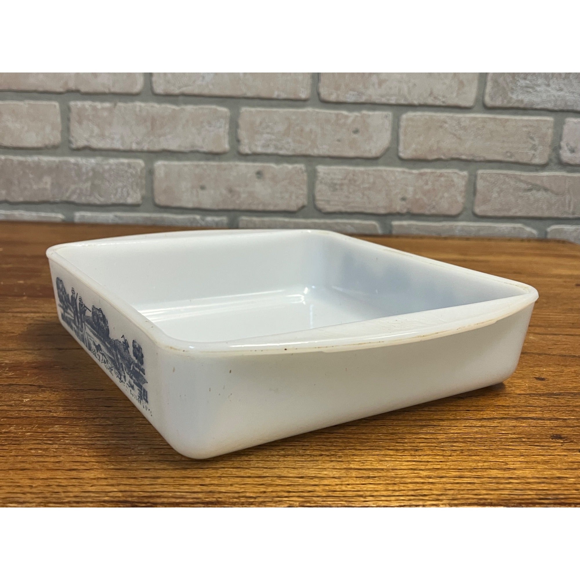 Vintage Currier & Ives Square Baking Dish Rural Hunting Scene Glasbake USA Milk Glass Ovenware Casserole