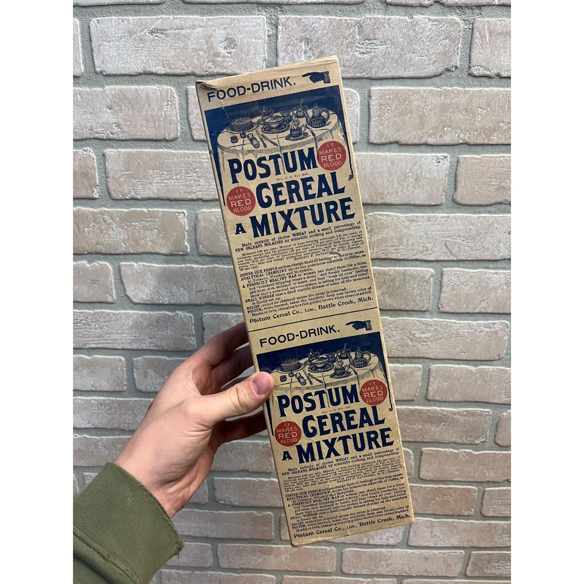 Vintage c1906 Postum Cereal Co. Battle Creek MI Empty Advertising Mixture Box