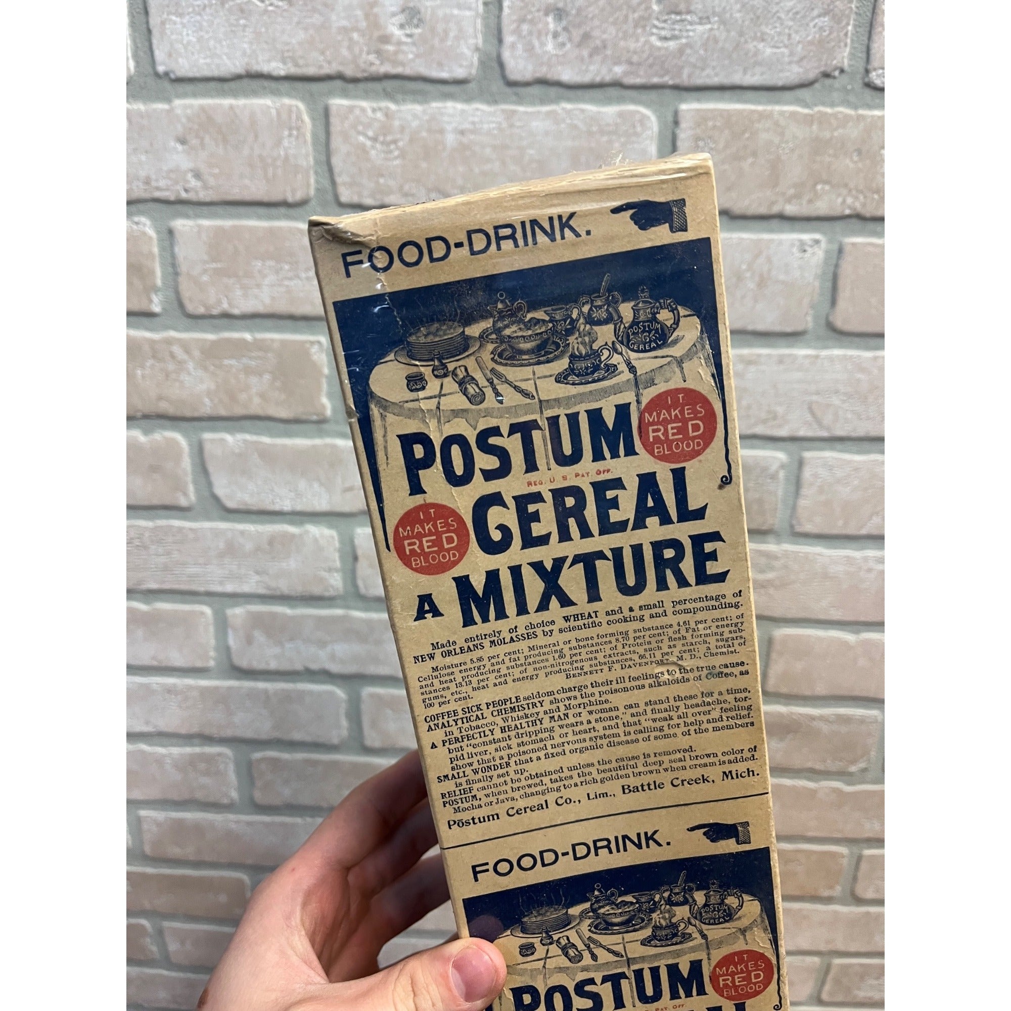 Vintage c1906 Postum Cereal Co. Battle Creek MI Empty Advertising Mixture Box