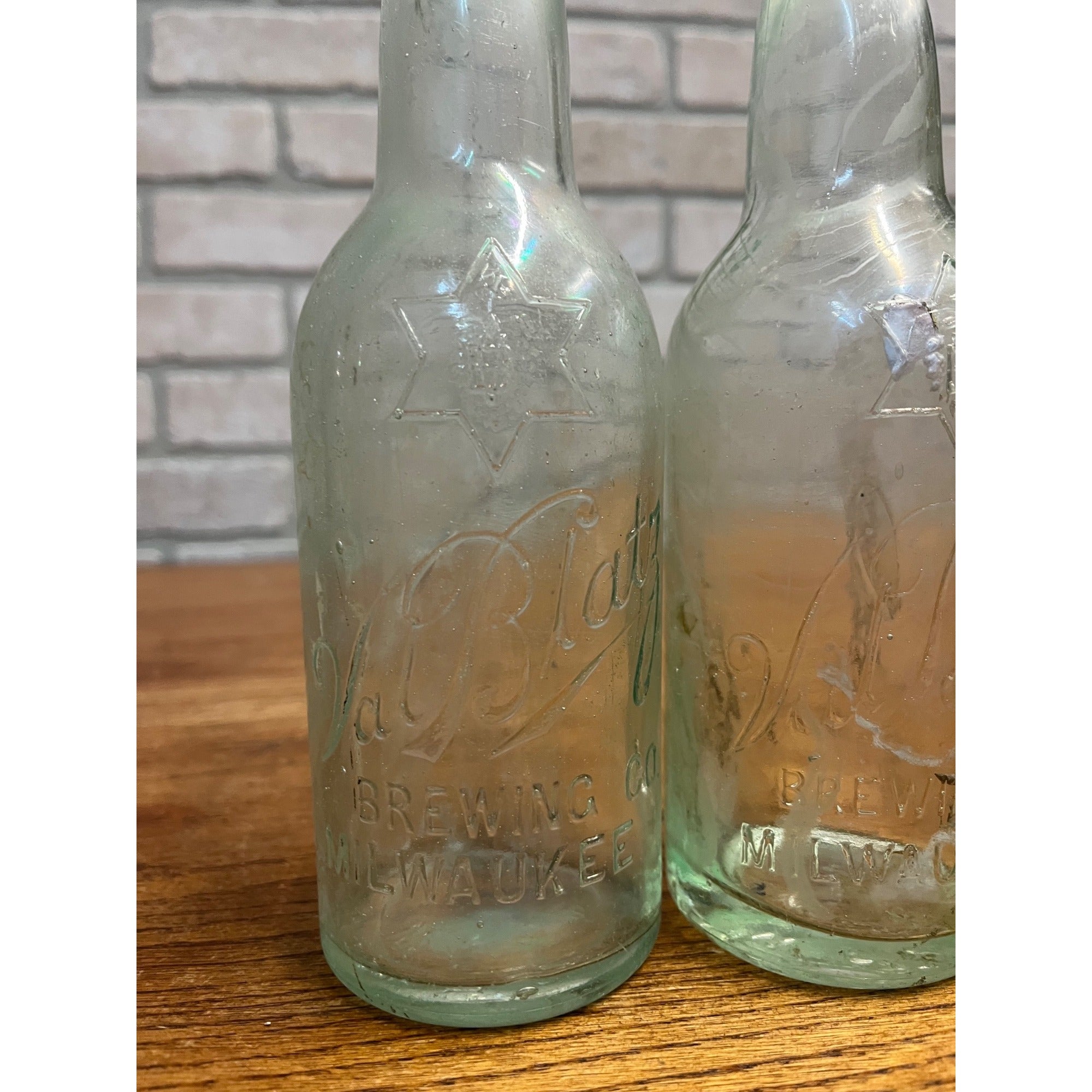 Pair Pre-Pro Val Blatz Brewing Company Milwaukee Vintage Aqua Blue Beer Bottle