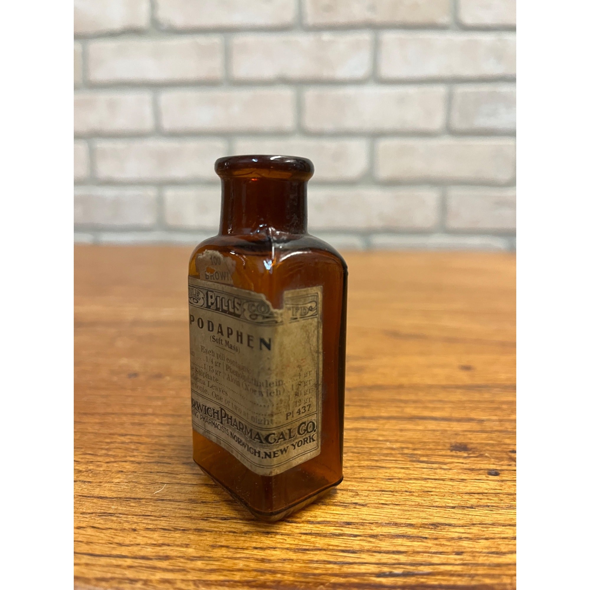 Antique Early 1900's Norwich Pharmacal Co. Podaphen Pills Medicine Bottle