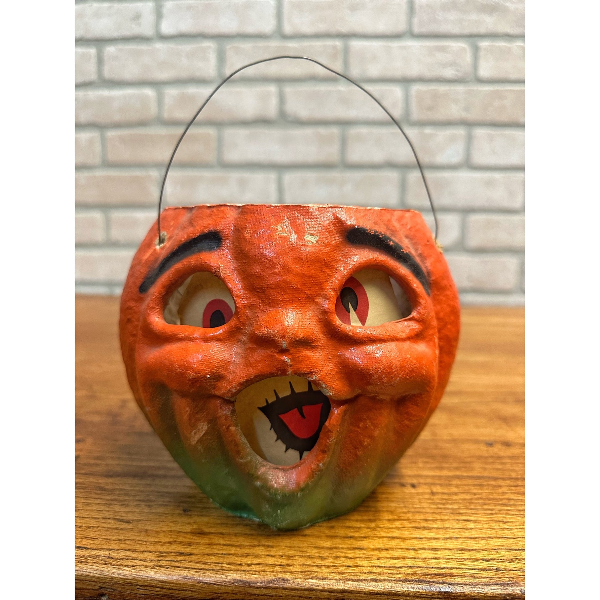 Vintage Halloween Paper Mache Jack O Lantern JOL Crazy 6" w/ Insert