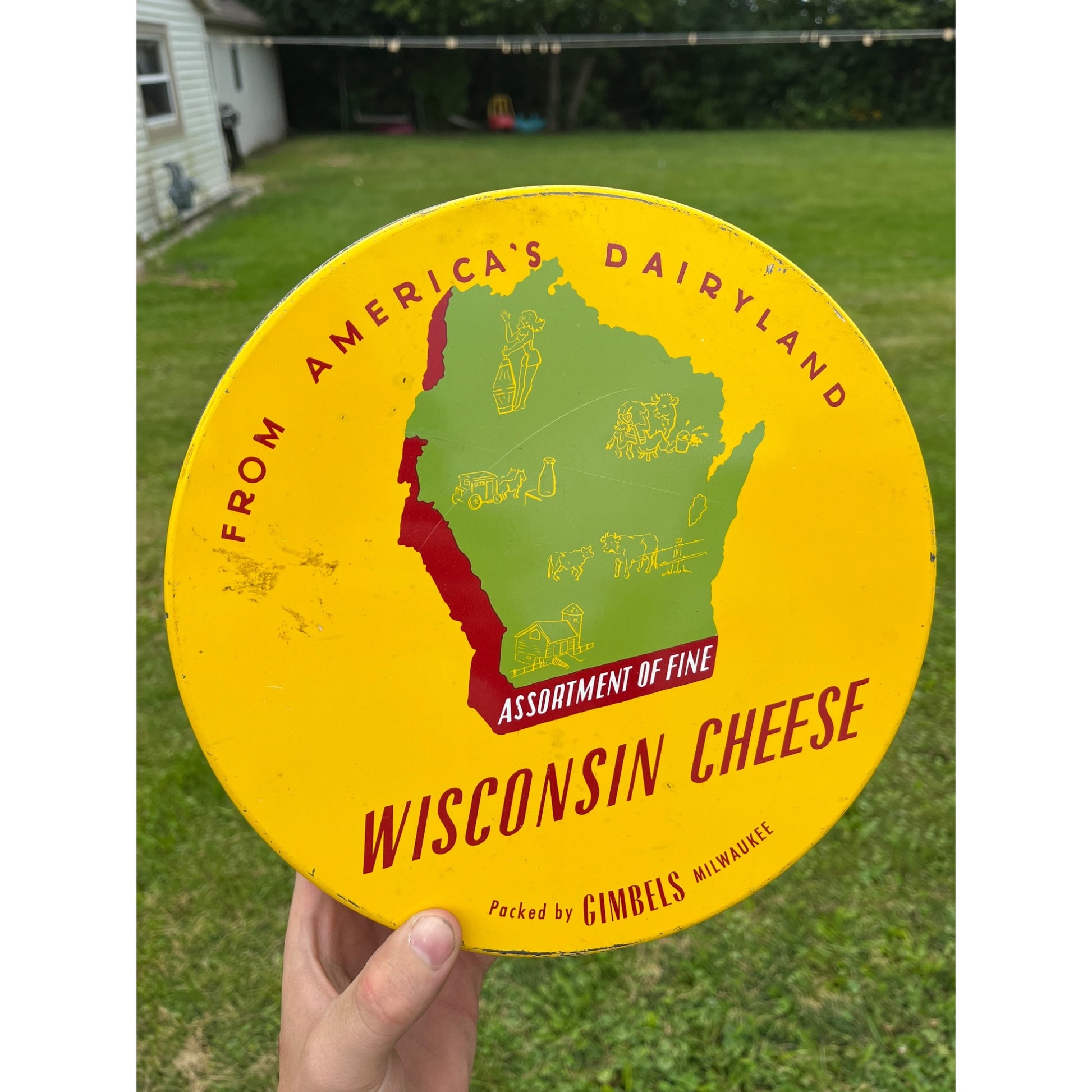 Vintage Wisconsin Cheese Advertising Kitchen Tin Can 10" Gimbels