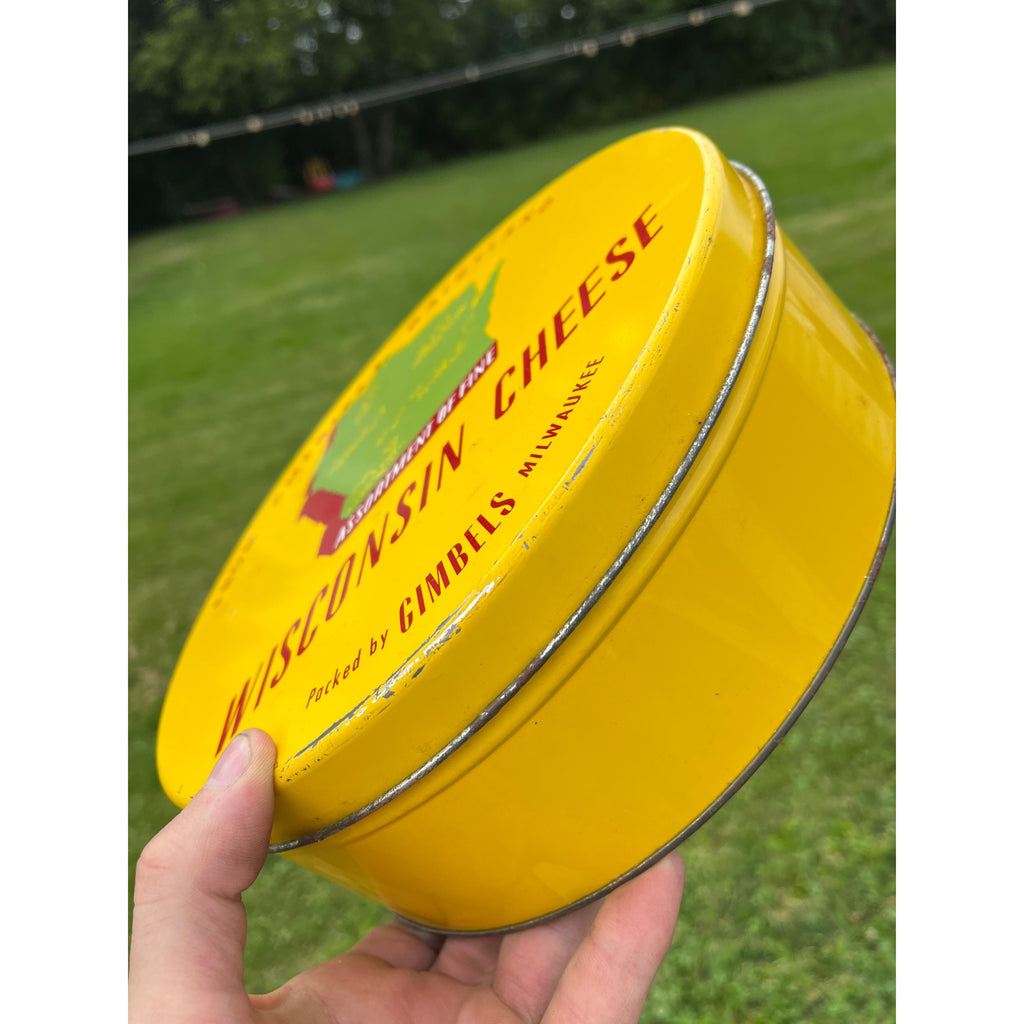 Vintage Wisconsin Cheese Advertising Kitchen Tin Can 10" Gimbels