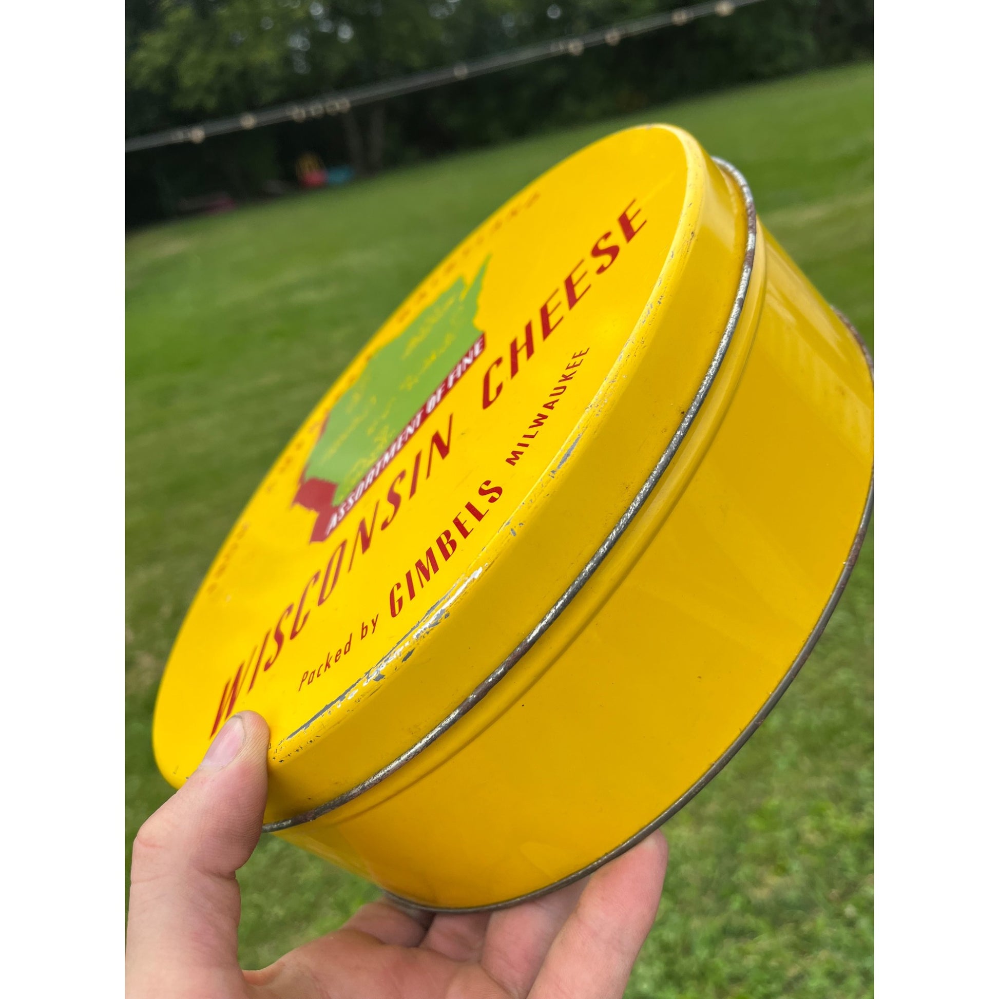 Vintage Wisconsin Cheese Advertising Kitchen Tin Can 10" Gimbels