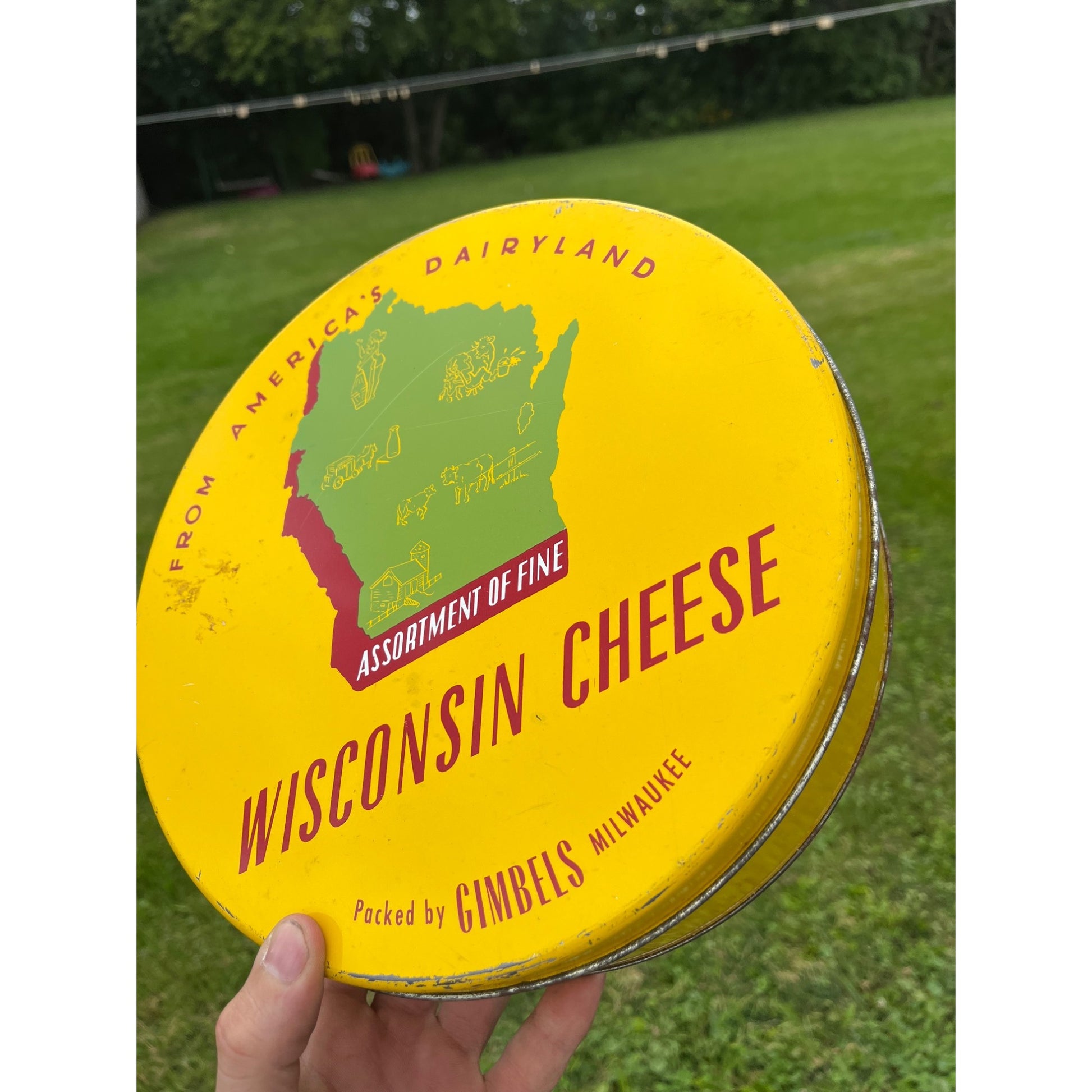 Vintage Wisconsin Cheese Advertising Kitchen Tin Can 10" Gimbels