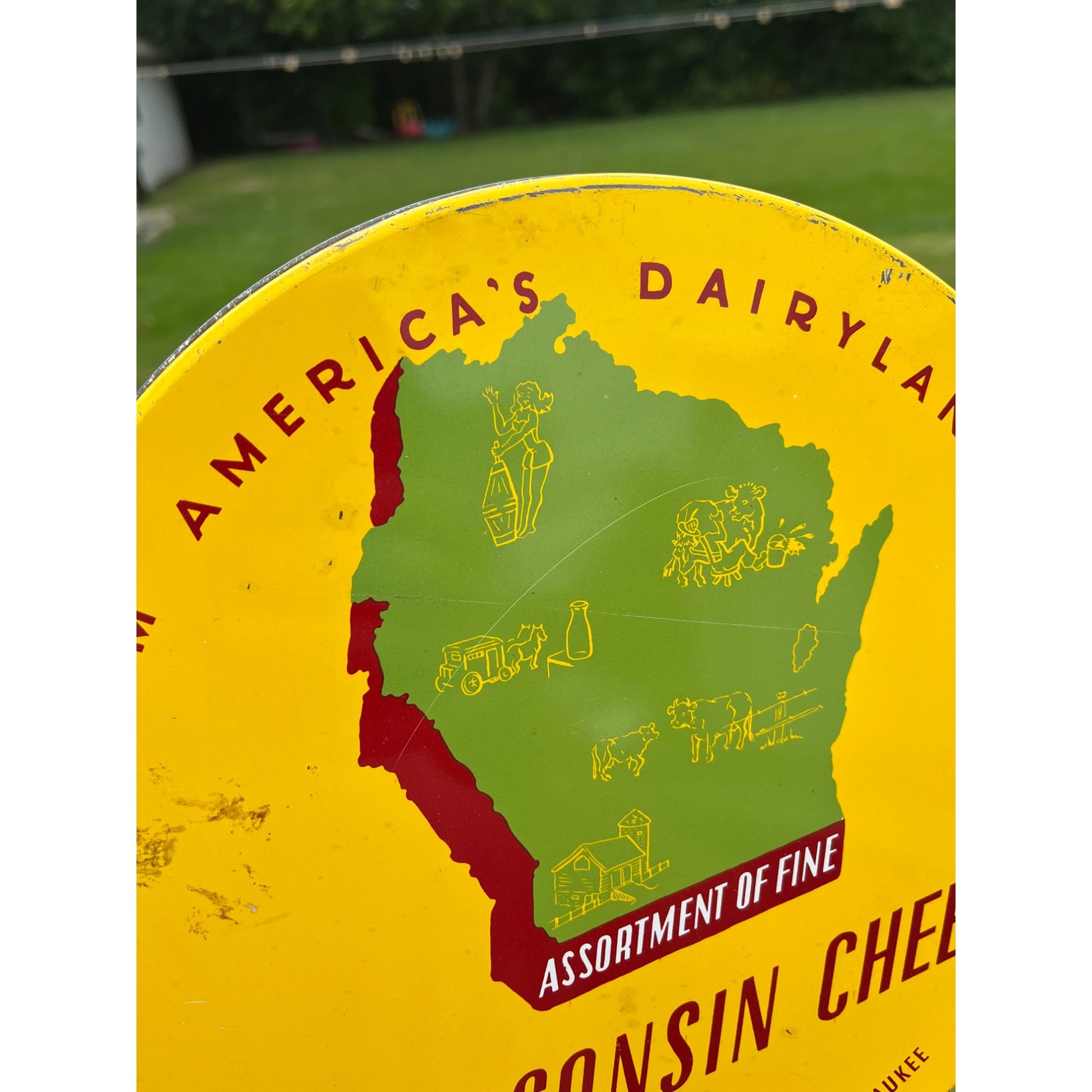 Vintage Wisconsin Cheese Advertising Kitchen Tin Can 10" Gimbels