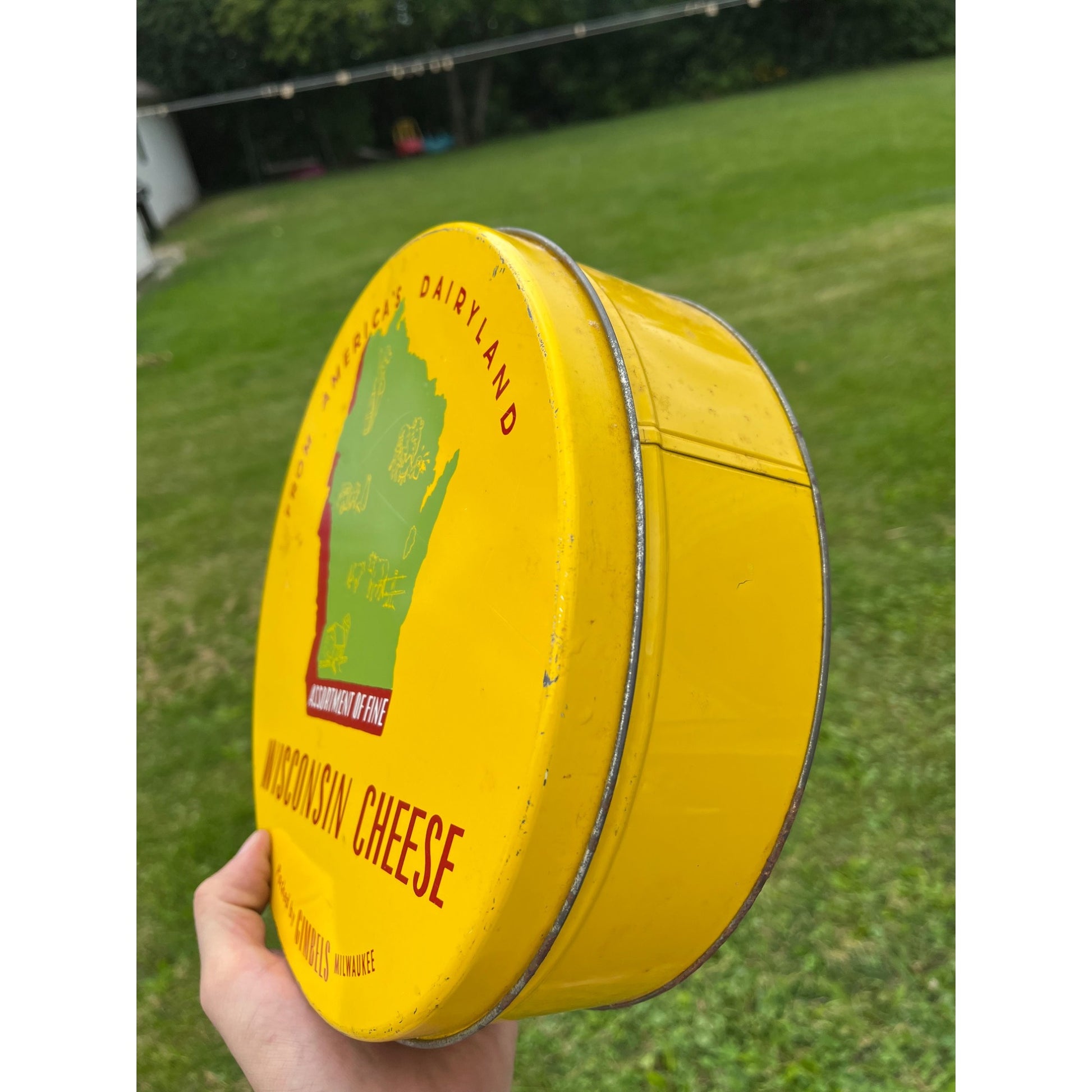 Vintage Wisconsin Cheese Advertising Kitchen Tin Can 10" Gimbels