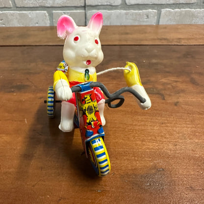 VINTAGE TIN LITHO WIND-UP TRICYCLE BUNNY RABBIT TOY JAPAN EASTER - WORKS