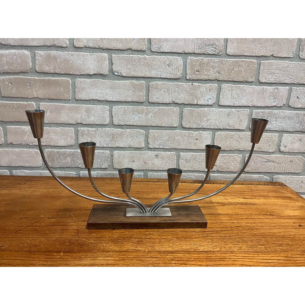 Vintage MCM Danish Stainless Steel Wood Base Candle Stick 6 Holder Candelabra MG