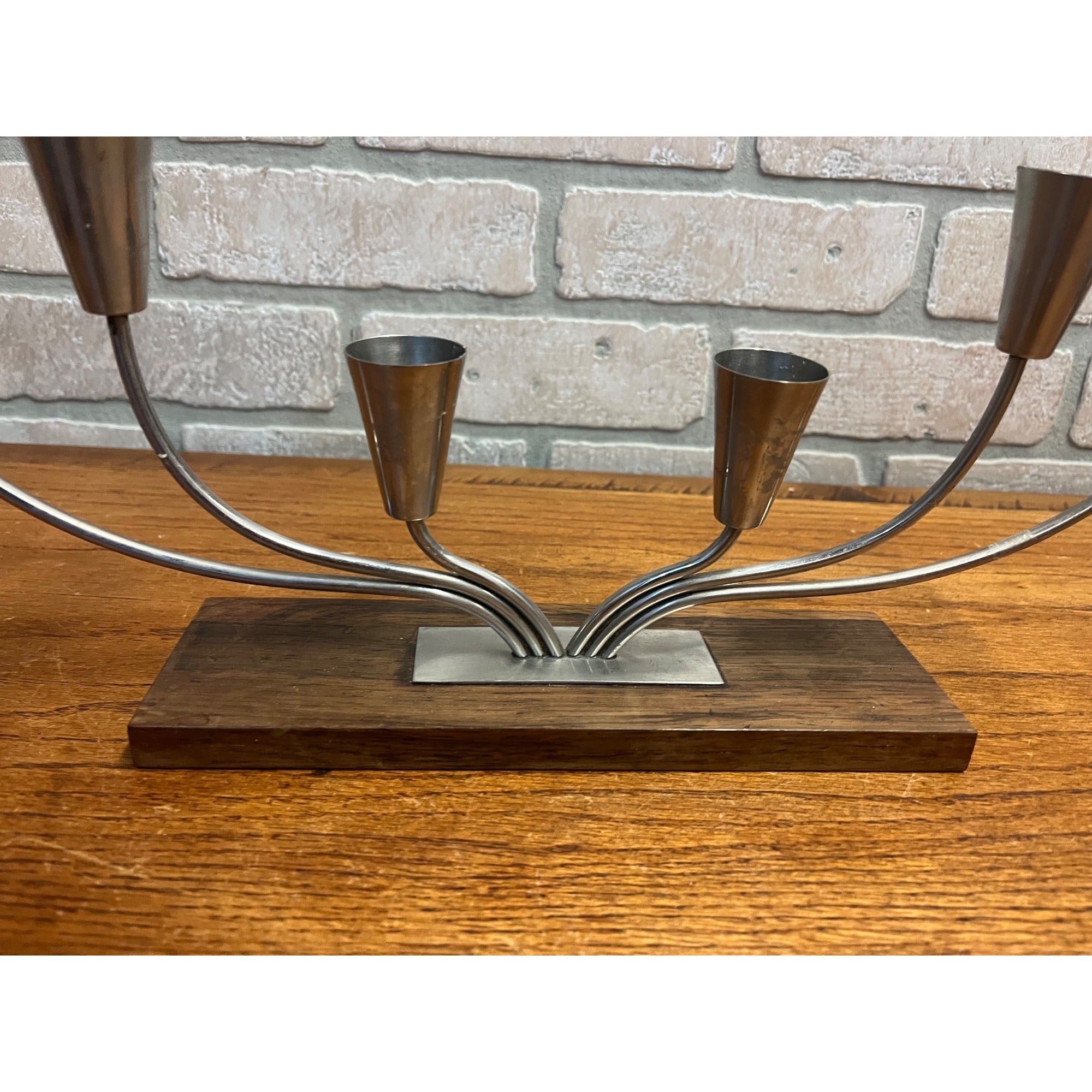 Vintage MCM Danish Stainless Steel Wood Base Candle Stick 6 Holder Candelabra MG