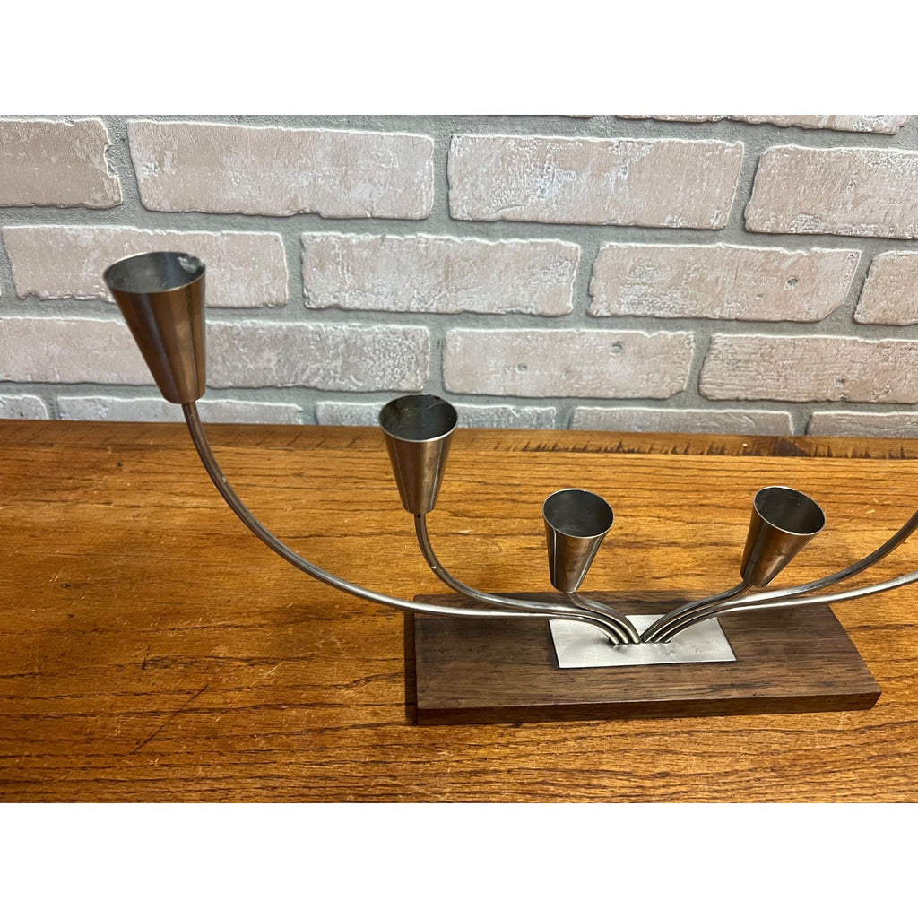 Vintage MCM Danish Stainless Steel Wood Base Candle Stick 6 Holder Candelabra MG