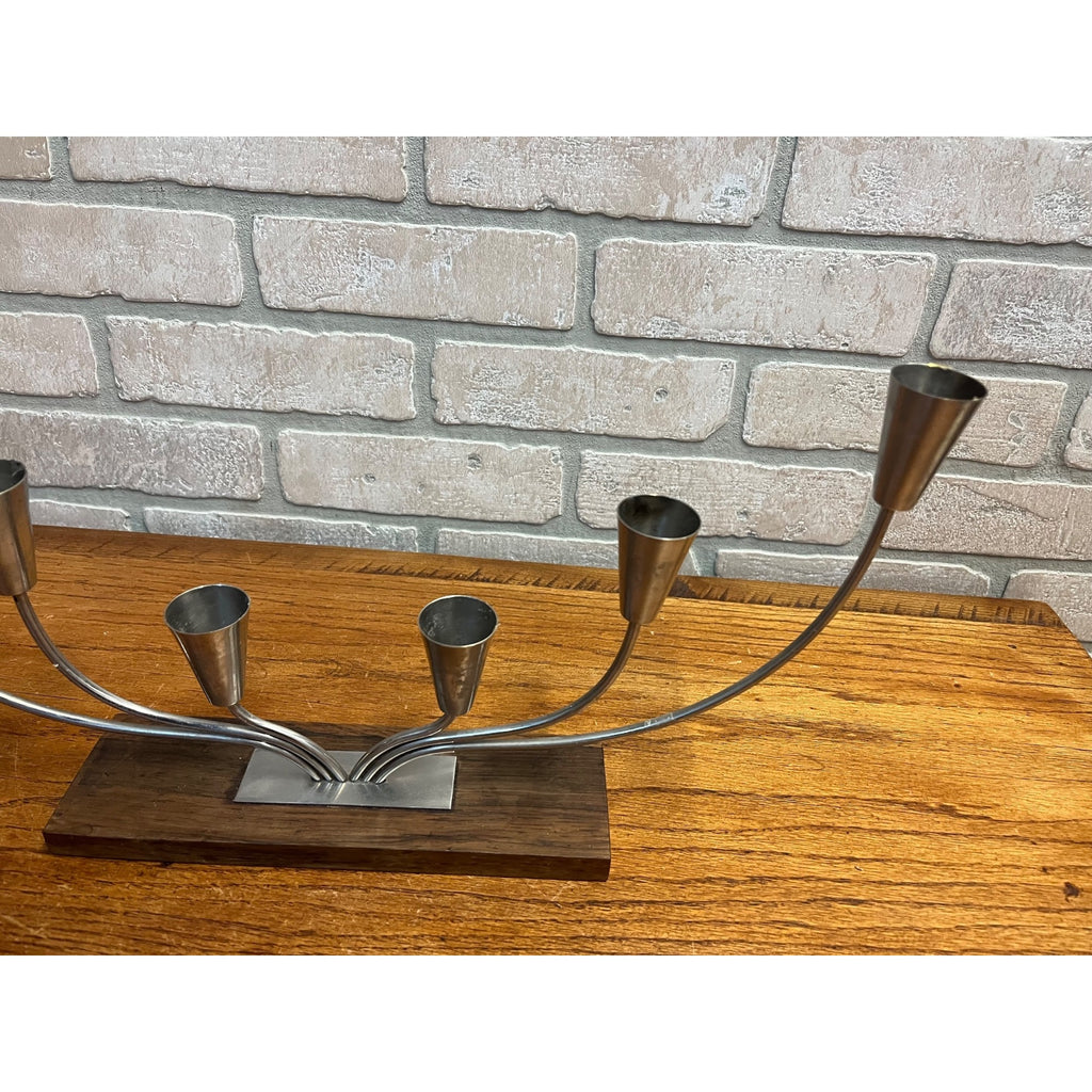 Vintage MCM Danish Stainless Steel Wood Base Candle Stick 6 Holder Candelabra MG