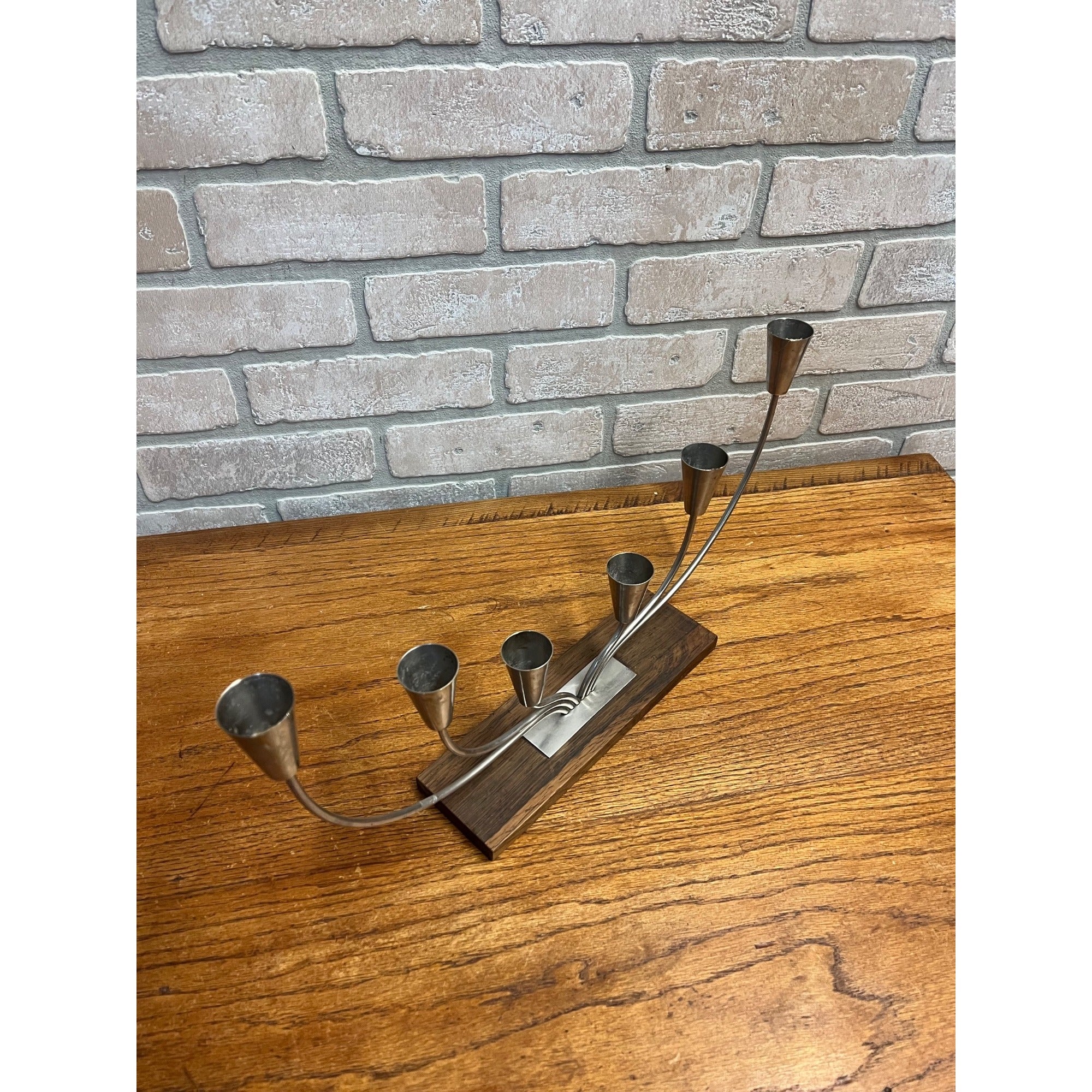 Vintage MCM Danish Stainless Steel Wood Base Candle Stick 6 Holder Candelabra MG
