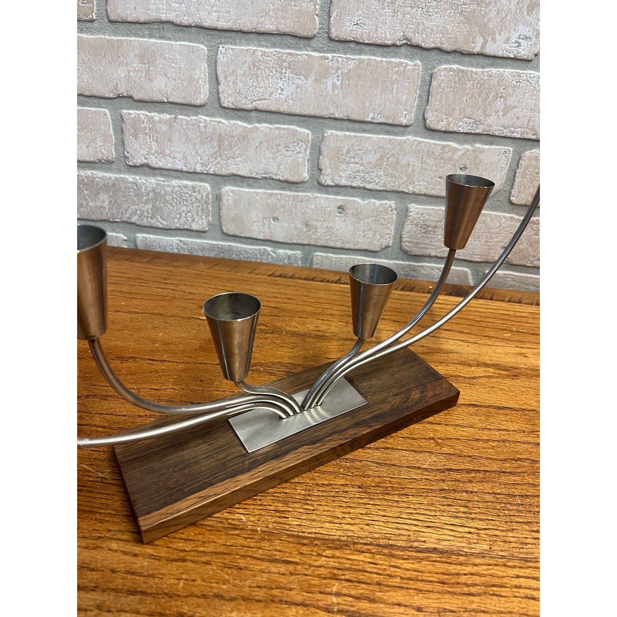 Vintage MCM Danish Stainless Steel Wood Base Candle Stick 6 Holder Candelabra MG
