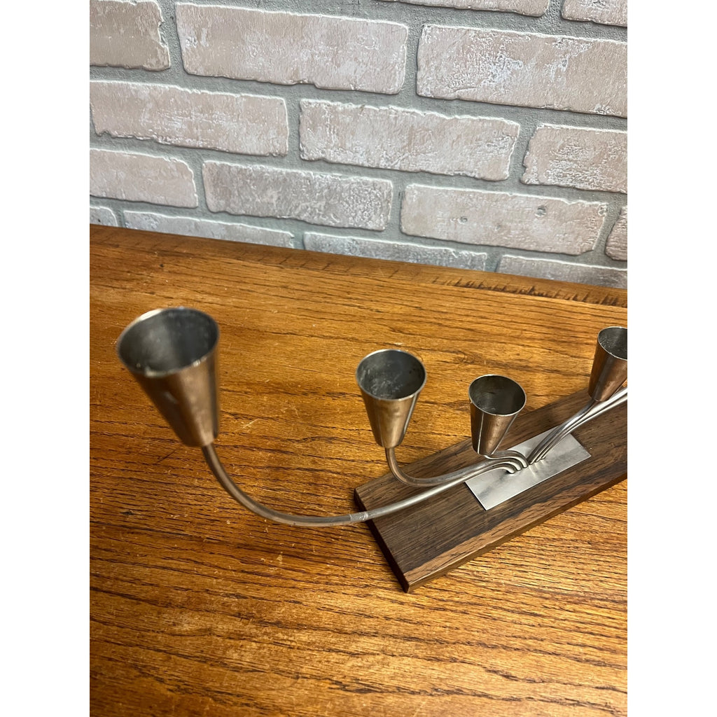 Vintage MCM Danish Stainless Steel Wood Base Candle Stick 6 Holder Candelabra MG