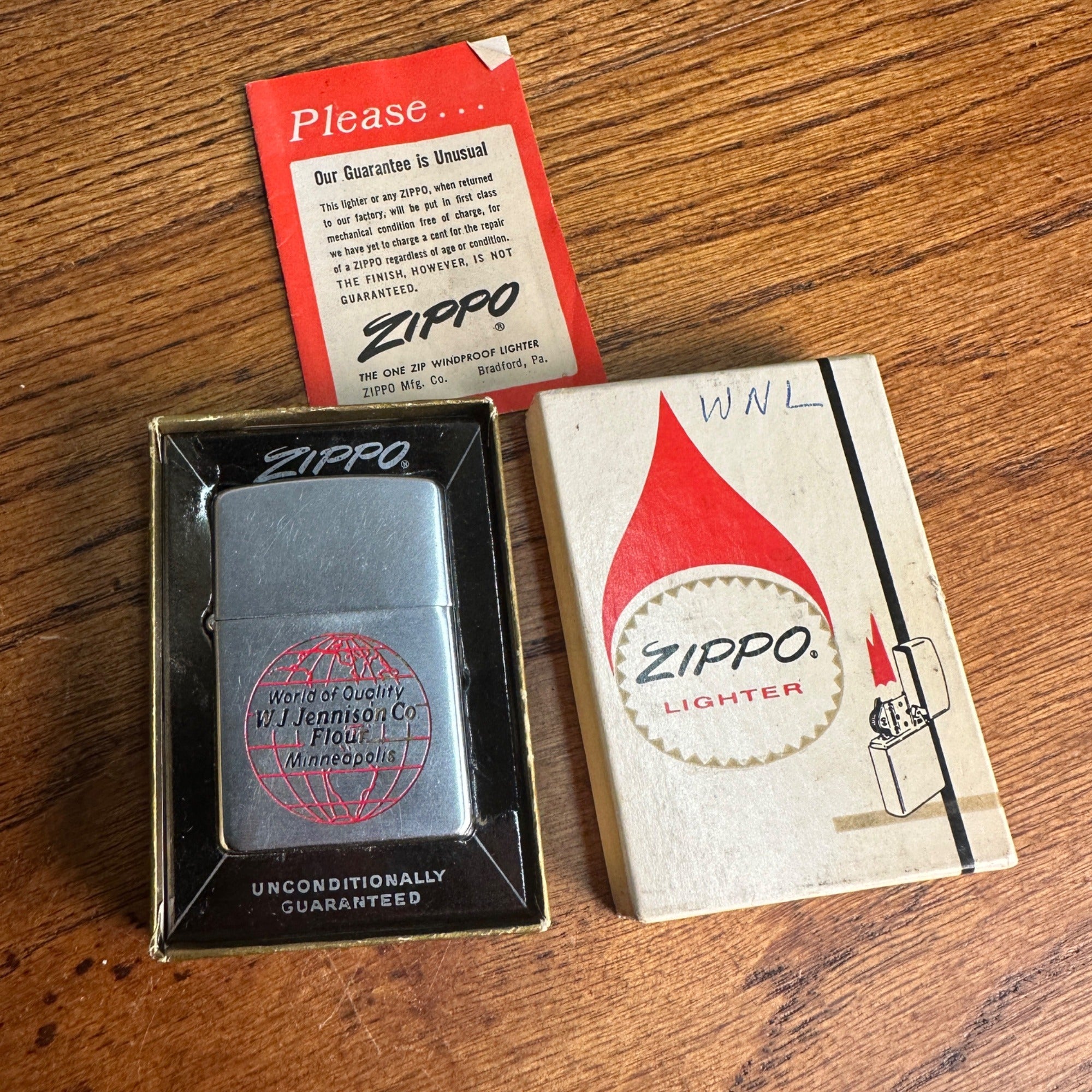 Vintage 1958 Zippo Lighter Brushed Chrome W.J. Jennison Co. Flour w/ Box Advertising