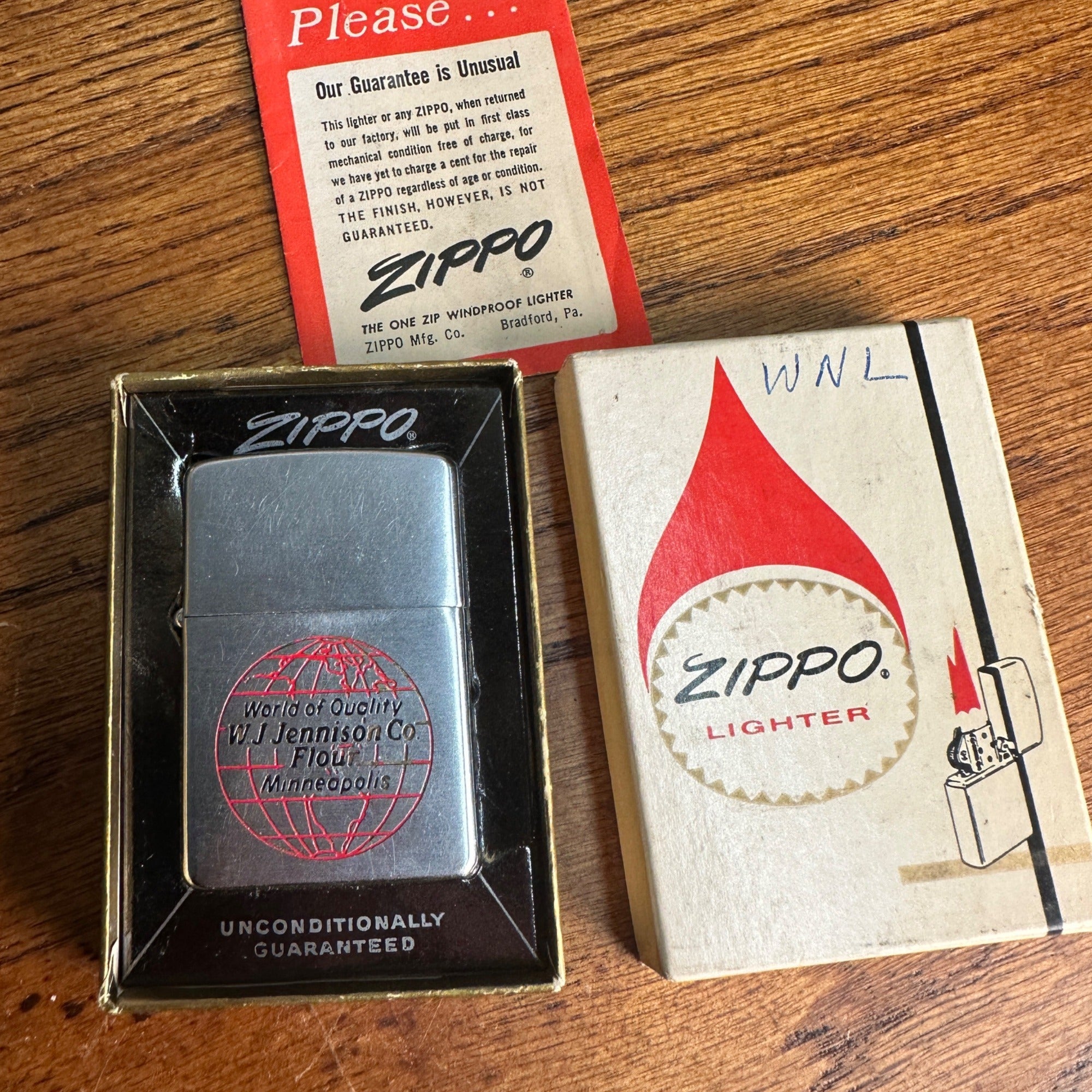 Vintage 1958 Zippo Lighter Brushed Chrome W.J. Jennison Co. Flour w/ Box Advertising