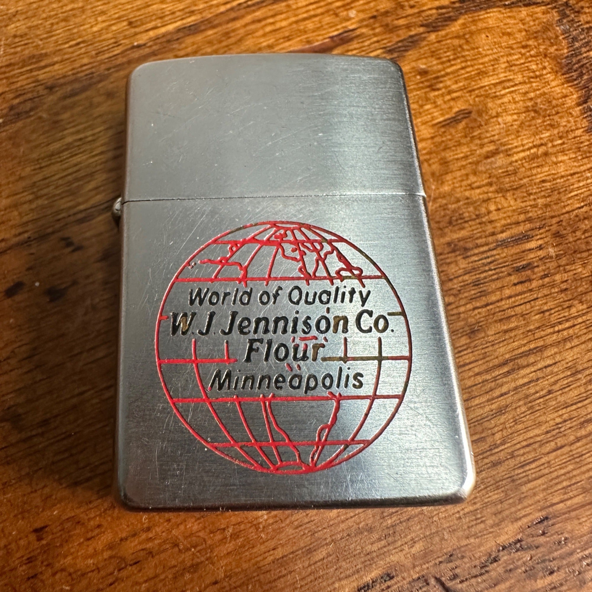 Vintage 1958 Zippo Lighter Brushed Chrome W.J. Jennison Co. Flour w/ Box Advertising