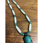 Vintage Carved Jade & Onyx Turtle Pendant Necklace w/ White Beads 10"