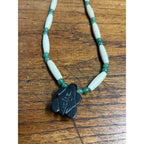 Vintage Carved Jade & Onyx Turtle Pendant Necklace w/ White Beads 10"
