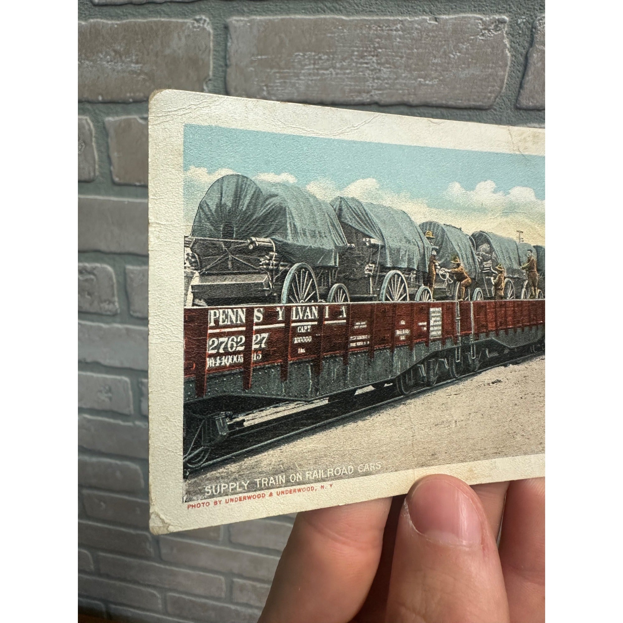 Antique WWI Era Postcard Supply Train on Railroad Cars Underwood & Underwood