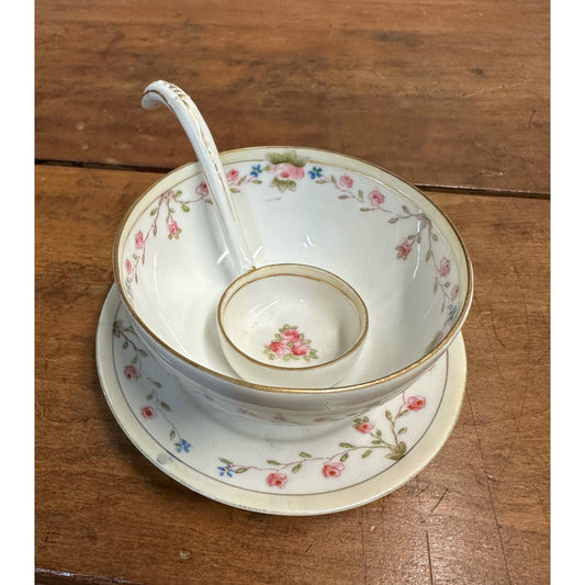 Vintage Nippon Hand Painted Condiment Mayo Bowl w/ Ladle + Plate Platter Pink Rose