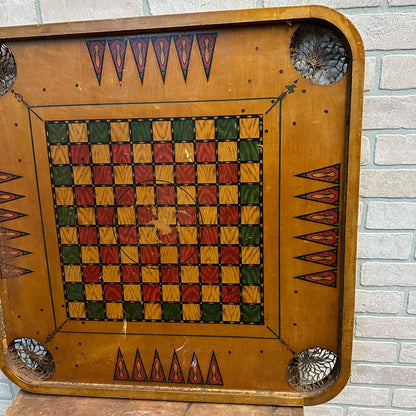 ANTIQUE "FLAGS OF THE NATION" CARROM COMBINATION BOARD GAME CIRCA 1900