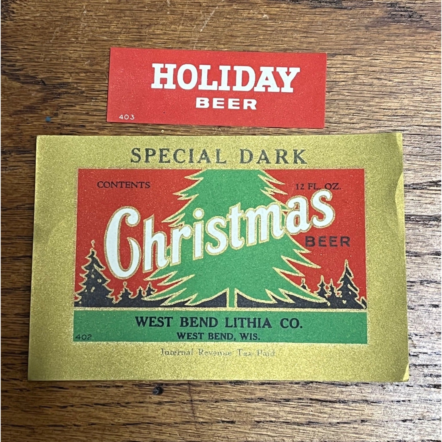 1940s Christmas Beer Bottle Label IRTP West Bend Lithia Co. Wis Wisconsin